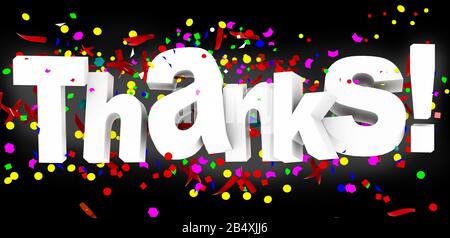 thanks confeti in many colors text word in black background - 3d rendering Stock Photo
