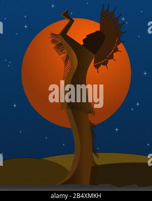 The Keeper Of The Plains statue in Wichita, KS with the sun and stars in the background. Located on the Arkansas River. Stock Vector
