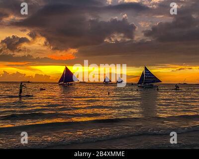 Sunset at Boracay beach in Philippines Stock Photo