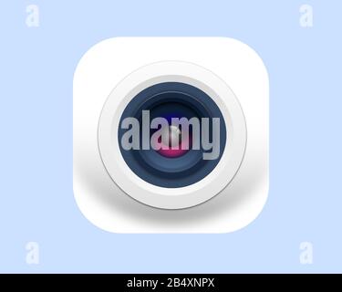 Simple icon of a camera lens with a reflective glass coating on blue background. White. Stock Vector