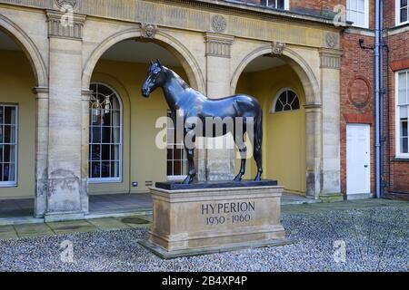 Statue of the champion racehorse and breeding stallion, Hyperion in the forecourt of the Jockey Club, Newmarket. Stock Photo