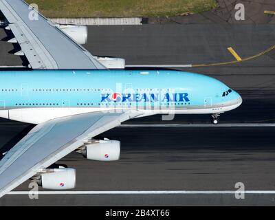 Close view of Korean Air massive Airbus A380 double decker fuselage carrying hundreds of passengers back to Seoul Incheon Airport in South Korea. Stock Photo