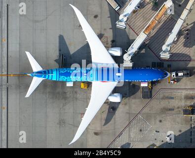 Air Tahiti Nui Boeing 787 parked at Los Angeles LAX Airport International Terminal. Flight to Papeete, French Polynesia. Dreamliner aircraft plane. Stock Photo