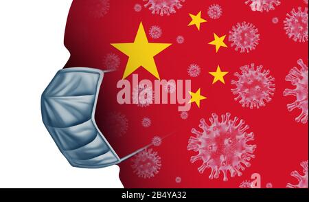 China flu outbreak and Chinese contagious respiratory disease as coronavirus spread or influenza medical crisis as dangerous flu strain cases. Stock Photo