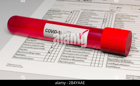 Covid-19 test tube, negative swab and positive swab. Swab sample, contagion and coronavirus infection. 3d render