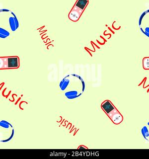 Seamless pattern with headphones, player, text music. Fashionable vector background. For fabric, textiles, children 's room, wrapping paper..Vector Stock Vector