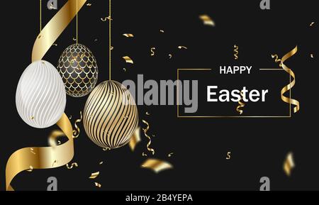 Golden Easter eggs with decorative patterns on black chalkboard background. Lettering Happy Easter Stock Vector