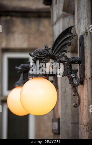 A pair of Welsh Dragon globe lights Stock Photo