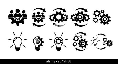 Teamwork and creative line icon set. Team and gear Stock Vector