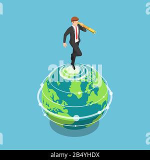 Flat 3d isometric businessman standing on the world and looking through a telescope. Buisness vision and opportunity concept. Stock Vector