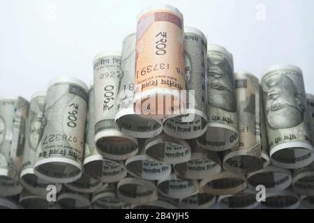 five hundred rupees and two hundred rupees.500.200.indian rupees and roll rupees Stock Photo