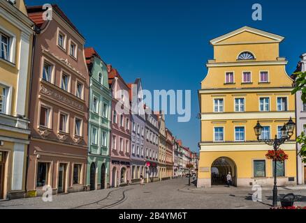 Historic multi-family buildings at Rynek (Market Square) in Boleslawiec, Lower Silesia, Poland Stock Photo