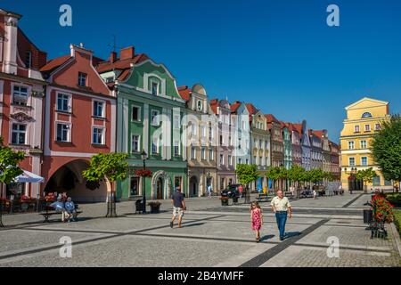 Historic multi-family buildings at Rynek (Market Square) in Boleslawiec, Lower Silesia, Poland Stock Photo