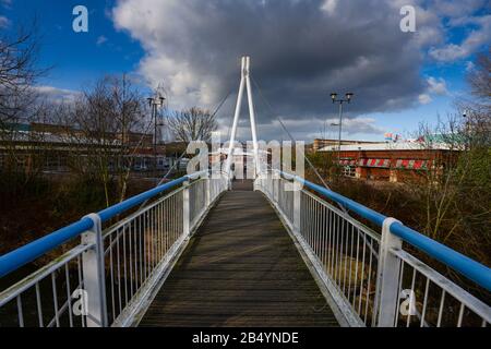 Bufflo Bill Bridge crossing the River Aire to Cardigan Fields, Leeds, West Yorkshire, England Stock Photo