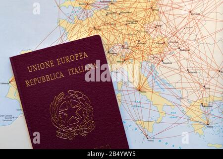 Italian passport with European air route map. Close-up view Stock Photo