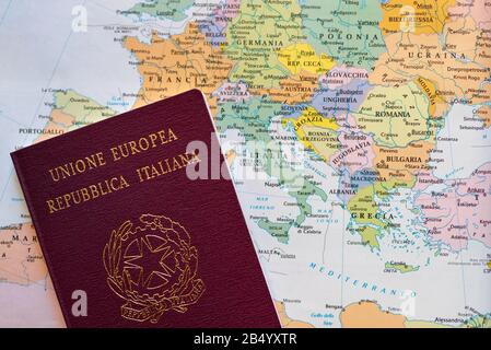 Italian passport with European political map. Close up view Stock Photo