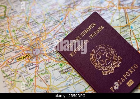 Italian passport with map of the Lombardy region. Close up view Stock Photo