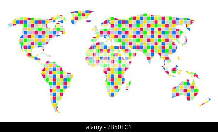 Multicolored squares world map. Multicolored checkered world map. Large size. Stock Photo