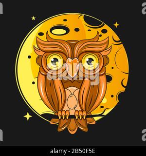 Owl Sits On A Tree Branch At Night Under The Moon Stock Vector