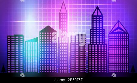 Smart City 3d Neon Glowing Cityscape. Intelligent Building Automation Night Futuristic Business Concept. Web Online Stock Vector