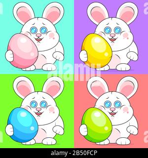 Set Happy Easter Background With Rabbit And Eggs Vector Illustration Suitable For Greeting Card, Poster Or T-shirt Printing. Stock Vector