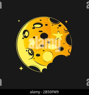 Moon In Flat Dasign Style. Night Space Astronomy And Nature Moon Icon. Vector On Dark Background. Cartoon Planet Moon Icon. Stock Vector