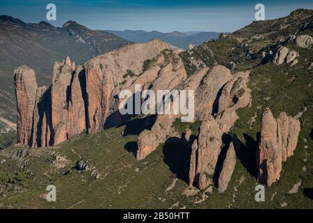 The conglomerate pinnacles of Mallos de Riglos, from above; Aragon, Spain Stock Photo