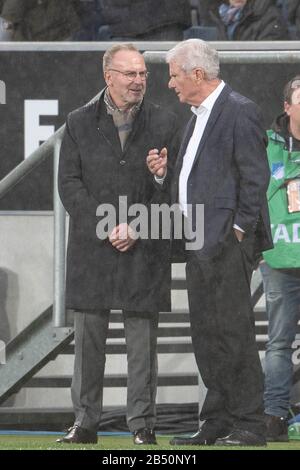 after the repeated posters, posters, banners, versus Hoffenheims Maezen (M? zen) Dietmar Hopp were shown in the fan block of the FC Bayern fans in the stands, the players decided a non-aggression pact for the remaining 13 minutes, after return (return ) on the field; Karl-Heinz RUMMENIGGE (M, l., Management) and Dietmar HOPP (1899) in conversation on the sidelines; Scandal, scandal; Insult; Soccer 1.Bundesliga, 24th matchday, matchday 24, TSG 1899 Hoffenheim (1899) - FC Bayern Munich (M) 0: 6, on 02/29/2020 in Sinsheim / Germany DFL REGULATIONS PROHIBIT ANY USE OF PHOTOGRAPHS AS IMAGE SEQUENCE Stock Photo