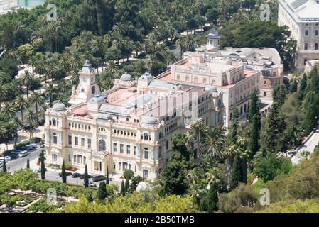 Malaga in Spain: looking down from Gibralfaro Castle towards Malaga Town Hall (Ayuntamiento de Malága) Stock Photo