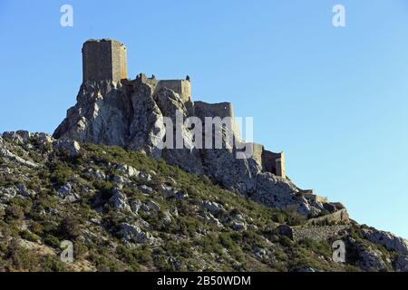 Castle Quéribus located in the municipality of Cucugnan. In the Corbieres, Occitanie France Stock Photo