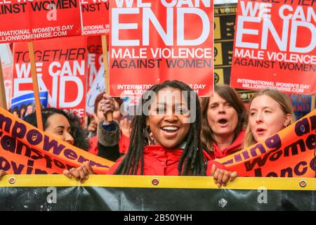 London, UK. 7th Mar, 2020. Thousands of women from all walks of life once again unite to march from Oxford Street to Trafalgar Square to highlight and end male violence against women and girls in the UK and globally. The march is organised by The Million Women Rise Coalition with support from many local ethnic communities. Credit: Imageplotter/Alamy Live News