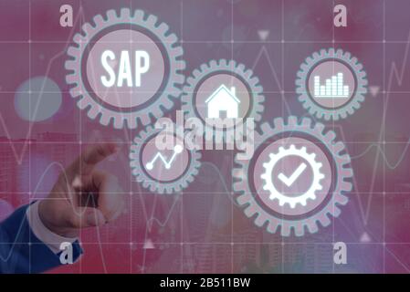 Writing note showing SAP. Business concept for SAP Business process automation software. ERP enterprise resources planning system concept on virtual s Stock Photo