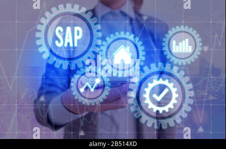 Conceptual hand writing showing SAP. Concept meaning SAP Business process automation software. ERP enterprise resources planning system concept on vir Stock Photo