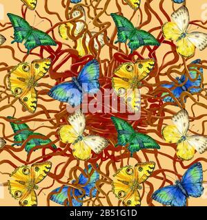 Floral leaves seamless pattern with colorful butterflies on yellow background Stock Photo