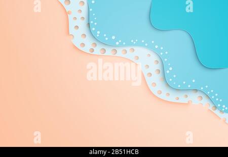 Creative illustration summer concept. Abstract paper art background sea wave and beach paper cut style from top view. Summer season design for poster, Stock Vector