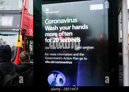 Turnpike Lane, London, UK. 7th March 2020. The Coronavirus public information campaign emphasising hand washing for 20 seconds and as often as possible. Credit: Matthew Chattle/Alamy Live News Stock Photo