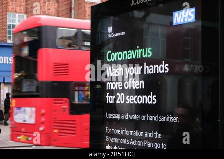 Turnpike Lane, London, UK. 7th March 2020. The Coronavirus public information campaign emphasising hand washing for 20 seconds and as often as possible. Credit: Matthew Chattle/Alamy Live News Stock Photo