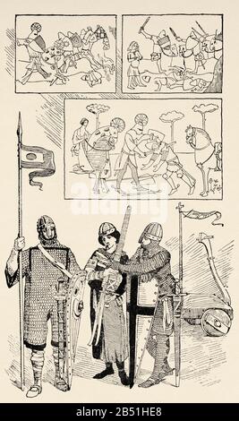 Middle Ages. Fighting, knights, squires and car. Old engraving illustration from the book Historia Universal by Cesar Canti 1891 Stock Photo