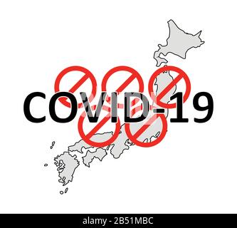 The ban of the olympic games. Cancellation of the 2020 olympic games in Japan due to coronavirus 2019-nCov, covid-19. Red prohibition signs, map of Ja Stock Vector