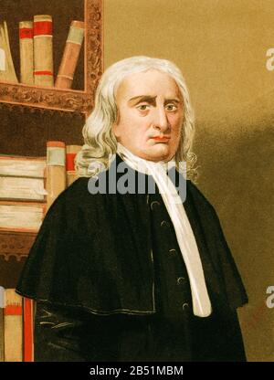 Old color lithography portrait. Isaac Newton ( 1642-1727) English physicist, theologian, inventor, alchemist and mathematician. He is the author of th Stock Photo