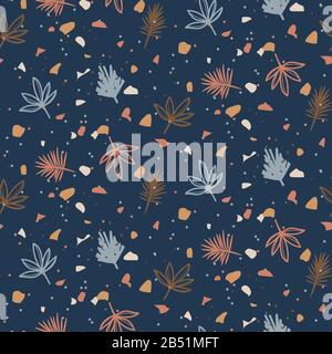 Seamless pattern with plants and terrazzo particles. Vector dark blue background. Stock Vector