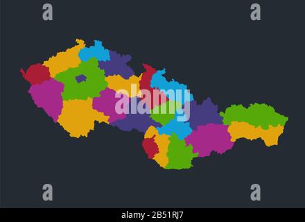 Infographics Czechoslovakia map, flat design colors, with names of administrative division, blue background with orange points blank Stock Photo