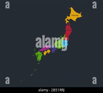 Infographics Japan map, flat design colors, with names of individual states, blue background with orange points blank Stock Photo