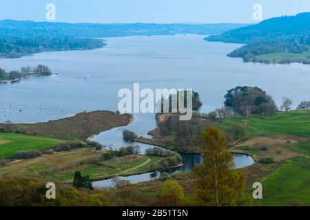 Lake Windermere, River Rothay and Wray Casle in the distance on the left looking south east from Loughrigg Fell near Ambleside, Lake District, England Stock Photo