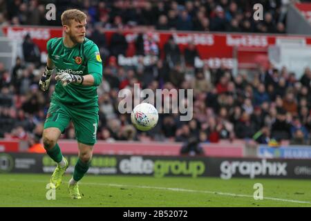 Stoke On Trent, UK. 07th Mar, 2020. Hull City goalkeeper George Long (1) saves a shot from Stoke City forward Tyrese Campbell (26) during the EFL Sky Bet Championship match between Stoke City and Hull City at the bet365 Stadium, Stoke-on-Trent, England on 7 March 2020. Photo by Jurek Biegus. Editorial use only, license required for commercial use. No use in betting, games or a single club/league/player publications. Credit: UK Sports Pics Ltd/Alamy Live News Stock Photo