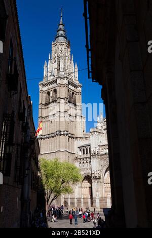 Bell tower of the Toledo cathedral; a 13th-century High Gothic cathedral in Spain Stock Photo