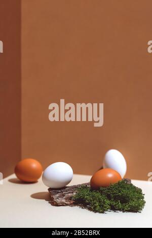 Four multi-colored eggs and natural materials moss and wood. Easter concept. Stock Photo