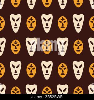 Seamless pattern with silhouettes of masks. Australian, african aboriginal culture. Tribal ethnic seamless background. Isolated on brown background. Stock Vector