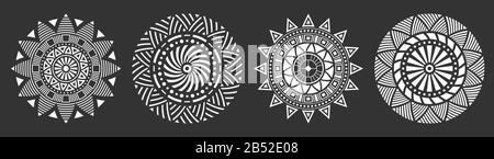Set of four abstract circular ornaments, floral ornament patterns, striped frames. Decorative patterns isolated on black background. Design elements. Stock Vector