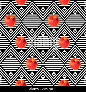African black white striped texture and red apples Stock Vector